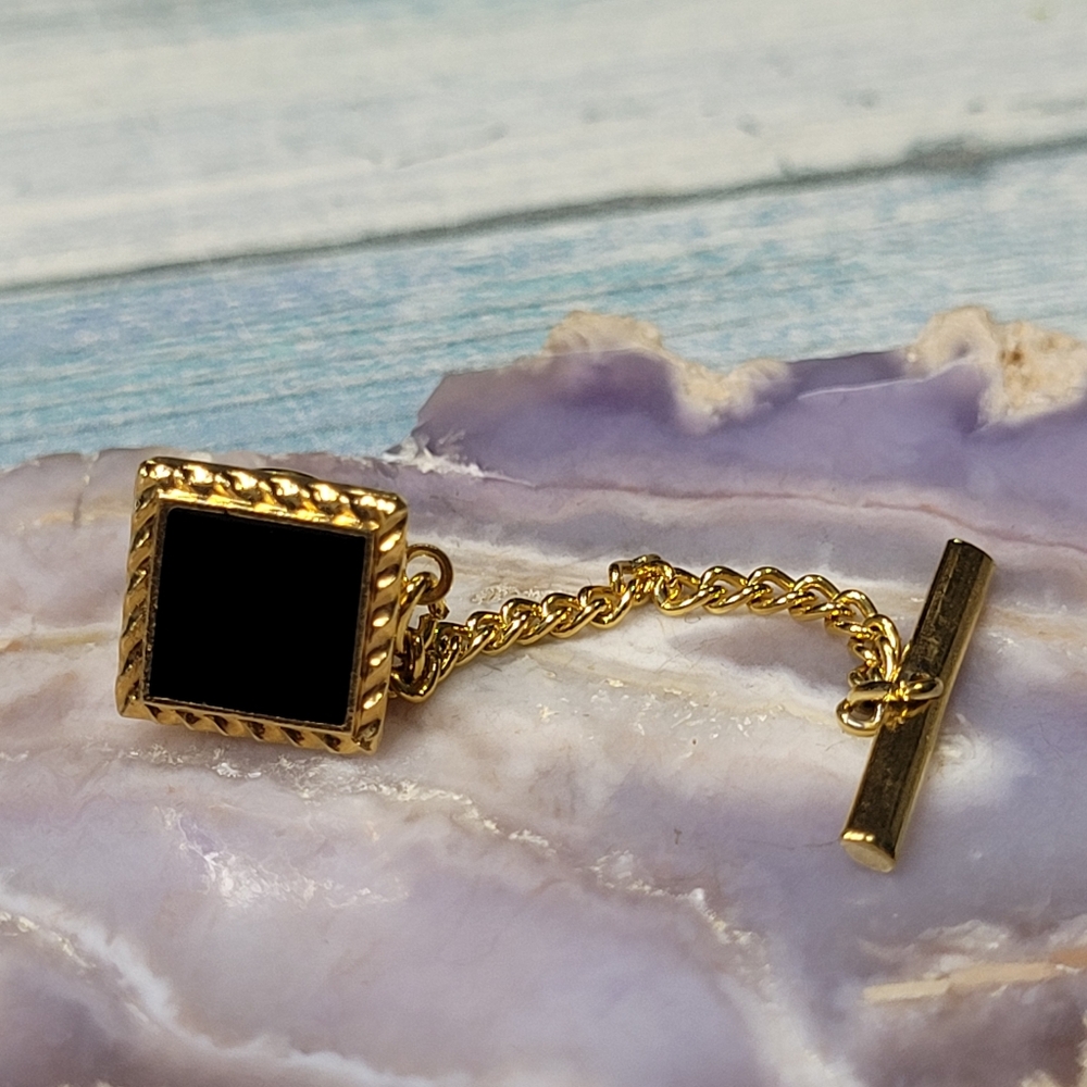 Black Enamel Square Tie Tack Clip.